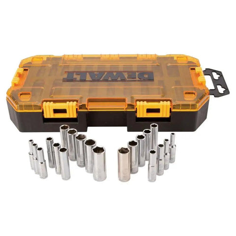 Beefy One Quarter Inch Drive Deep Socket Set, Twenty Piece, SAE And Metric Sockets With Lockable Stacking Case, Knurled Beauty Rings