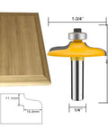 Four Piece One Quarter Inch Shank Router Bit Set For Door And Drawer Front Edging Miter Frame Crown Molding Wood Milling Cutter Carbide CNC Cutting Tool For Woodworking Projects With Premium Micro Grain Tungsten Carbide Blades in yellow with measurements and wood application example.
