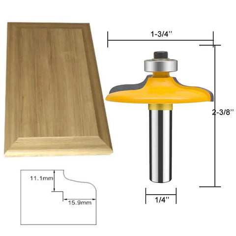 Four Piece One Quarter Inch Shank Router Bit Set For Door And Drawer Front Edging Miter Frame Crown Molding Wood Milling Cutter Carbide CNC Cutting Tool For Woodworking Projects With Premium Micro Grain Tungsten Carbide Blades in yellow with measurements and wood application example.