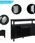 Close-up of modern black sideboard cabinet featuring built-in wine rack and two doors plus one drawer slick buffet server.