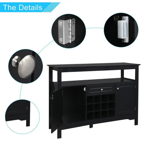 Close-up of modern black sideboard cabinet featuring built-in wine rack and two doors plus one drawer slick buffet server.