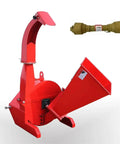 PTO Wood Chipper 3 Point Shredder Mulcher Tractor Attachment with chute, in red, for fast twig and limb cleanup, includes drive shaft.