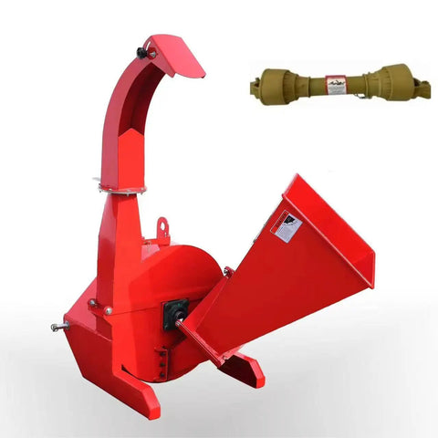 PTO Wood Chipper 3 Point Shredder Mulcher Tractor Attachment with chute, in red, for fast twig and limb cleanup, includes drive shaft.
