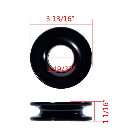 4 Pack 1/2 Inch Synthetic Soft Shackle Rope With Protective Sleeve And Aluminum Snatch Recovery Rings 38,000 Lbs Capacity For Off Road Recovery Marine Farming Industrial Mining Orange And Black showing black aluminum recovery ring with dimensions