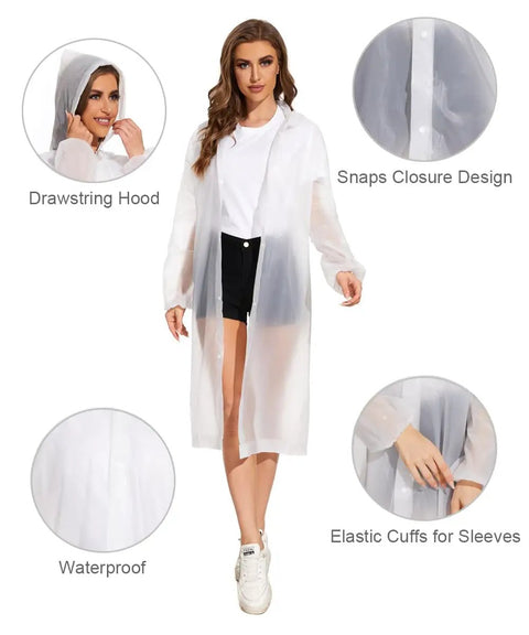 2 Pack Reusable Rain Ponchos For Adults With Hood And Drawstring, Waterproof EVA Rain Gear For Men And Women, featuring design details