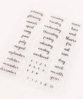 Straight Up Durable Calendar Clear Stamps With Solid Silicone Week Month Year Date Numbers on a transparent sheet.