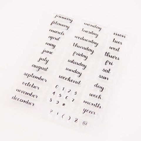 Straight Up Durable Calendar Clear Stamps With Solid Silicone Week Month Year Date Numbers on a transparent sheet.