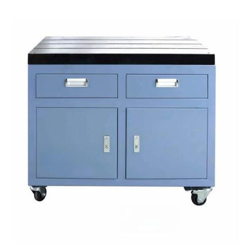 Heavy Duty Rolling Tap Machine Workbench Built Like A Tank With Smooth Universal Wheels And Handy Drawer Storage Rock Solid Cast Iron Platform For All Electric Tapping Arms, featuring a sturdy design with drawers.