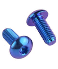 Two Titanium M5 x 12mm Button Head Hex Bolts for Bike Water Bottle Cage, Grade 5 Titanium Alloy, Blue Finish, close-up view