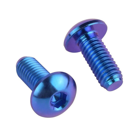 Two Titanium M5 x 12mm Button Head Hex Bolts for Bike Water Bottle Cage, Grade 5 Titanium Alloy, Blue Finish, close-up view