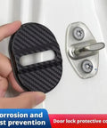 Top Shelf Carbon Fiber Door Lock Covers For Tesla Cybertruck attached to door for corrosion and rust prevention.