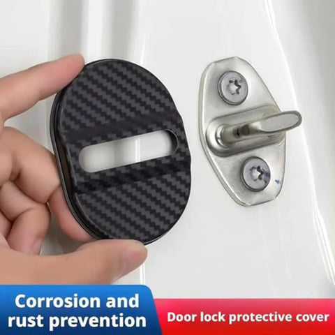 Top Shelf Carbon Fiber Door Lock Covers For Tesla Cybertruck attached to door for corrosion and rust prevention.