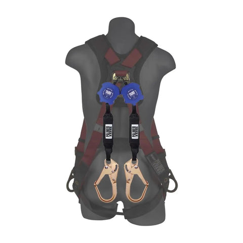 Slick Moving Six Foot Lightweight Technical Self Retracting Lifeline With Tough As Nails Rebar Anchors And Double Jaw Swivel Hooks for job site safety on harness.
