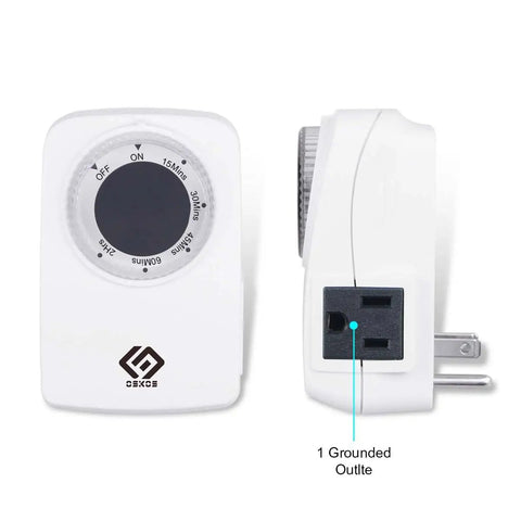 Two Pack Indoor Light Countdown Timer With Grounded Outlet For Home Lighting Small Appliances And Holiday Decor Set for 24 Hour programmable daily schedule, white timer front and side view.