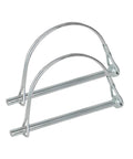 Heavy Duty Trailer Pin One Quarter Inch By Three Point Two Inch Locking Pin Zinc Plated Carbon Steel Two Pack Fits Trailer Hitches PTO Pins Farm Equipment Round Wire Lock Pin For Lawn, showing front view of pins with round wire locks.