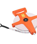 Open Reel Tape Measure With Retractable Blade, 300 Feet Dual Sided Tape For Track And Field, Long Jump, Construction, Workshop, Crafts, Real Handy Wind Crank, Durable Measuring Reel For Any Job showing its orange reel and crank.