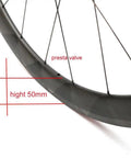 Close-up of 700C Carbon Fiber Wheelset With 50mm Fat Rim For Road Bikes V Brake Compatible Presta valve and spoke detail