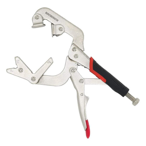 Monster & Master welding pipe plier clamp, 10 in, locking C-clamp with V-pads, silver body and red/black grip