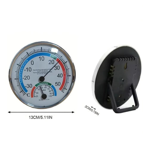 Portable Thermo Hygrometer With Handy Wide Temperature Range From Minus Thirty To Fifty Celsius And Humidity From Twenty To One Hundred Percent Easy Read Round Dial With Color Indicator Wall Mount Or Free Standing Indoor Outdoor No Electric, 13cm