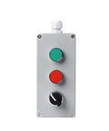 Metal push-button control box with green start button, red stop button, and black knob; gray enclosure with gland