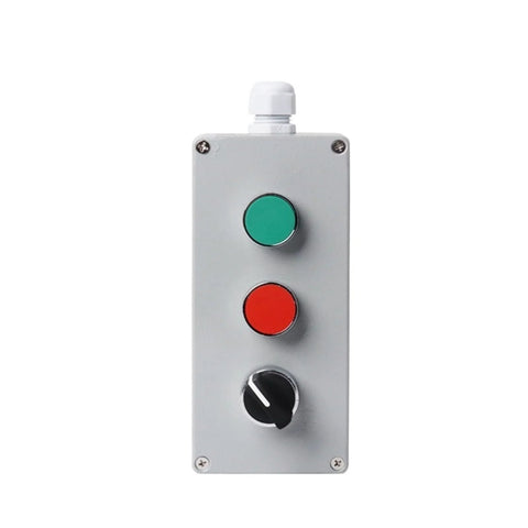 Front view of a metal push-button control box with green start button, red stop button, and black rotary switch.