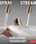 Modern Single Handle Kitchen Sink Faucet With Pull Down Spray Head And Built In Soap Dispenser, Magnetic Self Docking, Brushed Gold Finish showing spray and stream modes.