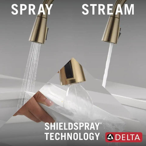 Modern Single Handle Kitchen Sink Faucet With Pull Down Spray Head And Built In Soap Dispenser, Magnetic Self Docking, Brushed Gold Finish showing spray and stream modes.