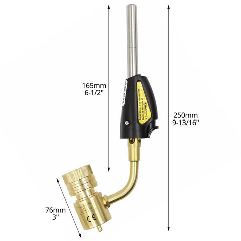 Swivel Head Torch For Soldering And Brazing With Self Lighting Ignition Compatible With MAP Pro And LP Gas, dimensions labeled