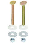 Built Tough 5/16 By 3 Inch Closet Bolt Set With Brass Plated Tank Screws And Nickel Open Nuts backed by washers.