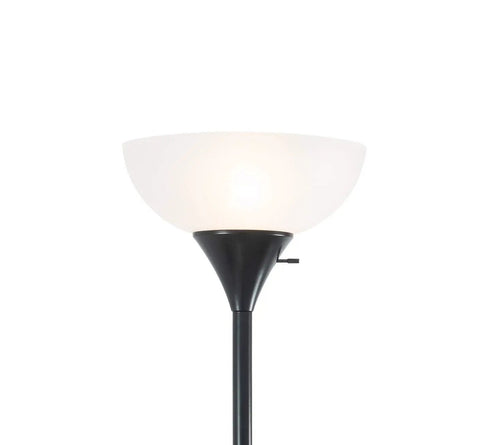 Modern Torchiere Floor Lamp In Black With White Frosted Shade, 70 Inch Tall Uplight, 150 Watt Incandescent, 3 Way Rotary Switch