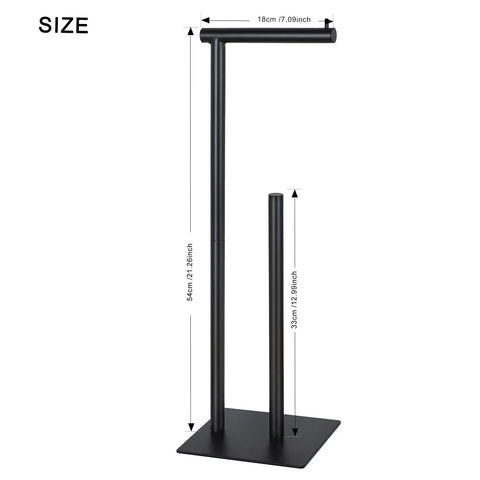 Freestanding Toilet Paper Holder Stand With Storage For Bathroom Black Iron Dispenser shown with measurements