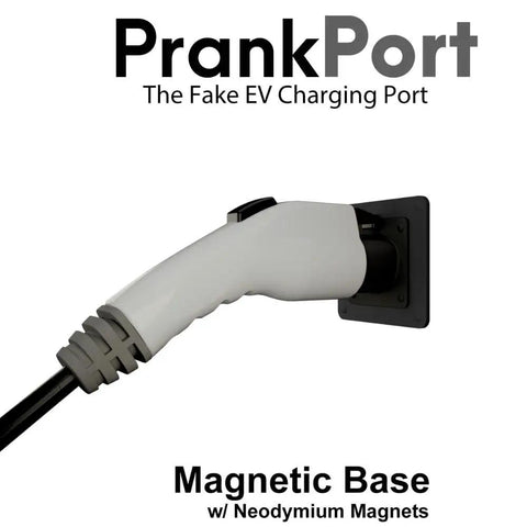 Fake EV Charging Port Magnet Snap On For Diesel Gas ICE Truck Gag Accessory Funny Prank Gift For Gearhead Buddies showing magnetic design.