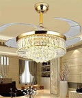 42 Inch Ceiling Fan Featuring Top Shelf Crystal Chandelier Lighting And A Sleek Remote Control For Smooth Dimming Along With Slick Retractable Invisible Blades That Handle The Heat And Add Major Style To Any Space in a stylish living room.