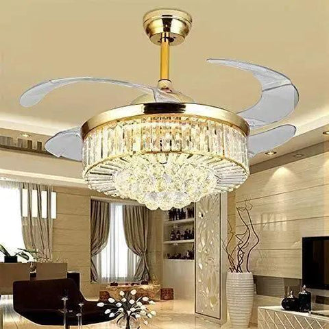 Luxe 42 Inch Crystal Ceiling Fan And Lighting With Slick Retractable Blades Dimmable LEDs Silent Remote Motor For A Main Character Bedroom Vibe And Zero Sweat Install in a stylish living room.