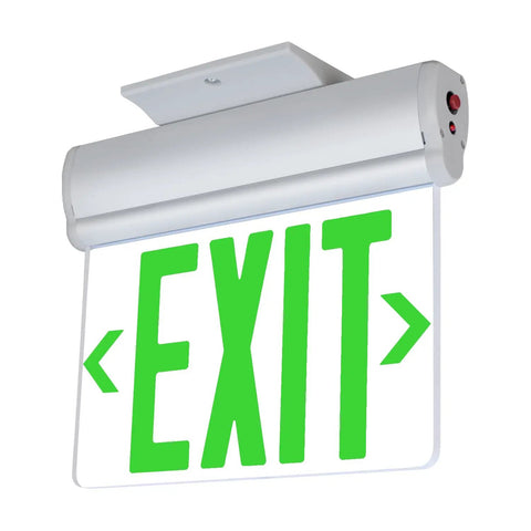 Edge Lit UL 924 Green Exit Sign With Brushed Aluminum Housing, LED Illumination, single sided acrylic panel, ceiling mount view