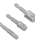 Versatile 3-Piece Power Drill Adapter Socket Set Featuring 1/4, 3/8 And 1/2 Inch Hex Shank To Drive Converters For Impact Drivers Electric Drills And Screwdrivers Tough Stainless Steel Build For Serious DIY And Pro Work set of three metal drill adapters