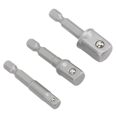 Versatile 3-Piece Power Drill Adapter Socket Set Featuring 1/4, 3/8 And 1/2 Inch Hex Shank To Drive Converters For Impact Drivers Electric Drills And Screwdrivers Tough Stainless Steel Build For Serious DIY And Pro Work set of three metal drill adapters