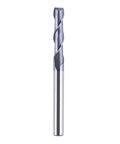 Front view of a 2-flute TiAlN-coated carbide end mill with 1/4 in shank, 3 in length, spiral up-cut