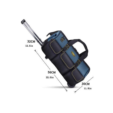 Side view of 22in Rolling Tool Box On Wheels featuring thick Oxford cloth, extendable handle, and multiple compartments for tools.