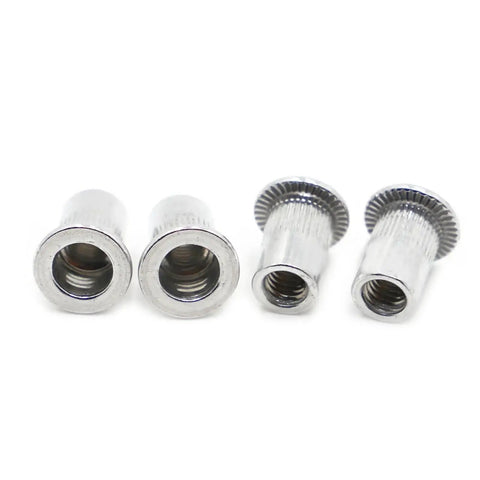 10 Pcs Flat Head Threaded Insert Nuts M3 To M12 Zinc Plated Steel Rivet With Knurled Body For Metal Plates Super Durable Fasteners No Spin Installation, close-up view of zinc plated steel rivet nuts.