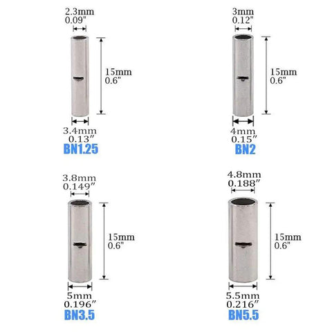 Uninsulated Butt Connectors 100 Pcs Set AWG 14 12 Tin Copper Ferrule Terminals dimensions and sizes chart