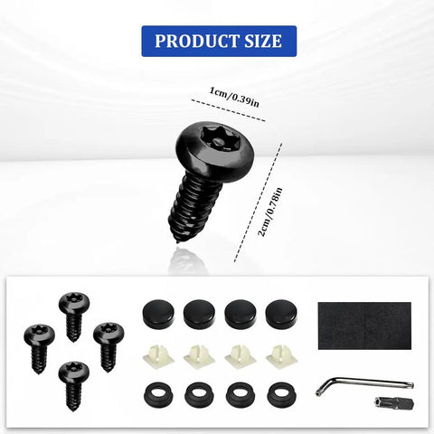 Lock It Down With These Legit Anti Theft License Plate Screws A Tamper Proof Stainless Steel Mounting Kit That Stays Rust Free And Road Ready For Every Front Or Rear Tag Job, black screw set with size measurements.