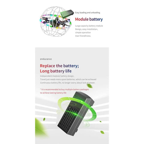 2.4GHz Spherical RC Drone With Auto Obstacle Avoidance Dual Speed Modes And Smart Hover For Teens And Beginners shown with battery module