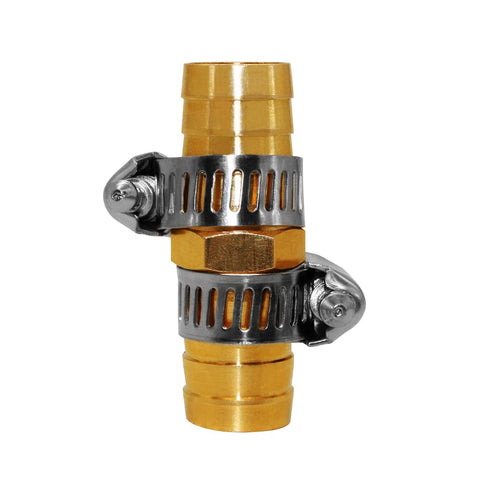 8 Piece 5 Eighth Inch Garden Hose Repair Kit With Brass Mender And 16 Stainless Clamps shown with brass connector and clamps