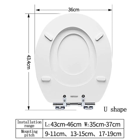 Heavy Duty Family Toilet Seat With Smooth Soft Close Lid And Quick Release Hinges Featuring Built In Kiddo Potty Training Pad White Comfort Fit Fast Setup showing U shape dimensions 36cm x 43.4cm.