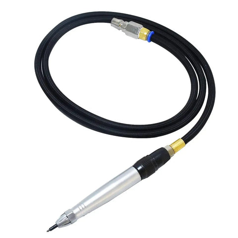Industrial Grade Pneumatic Scribe Air Engraving Pen For Hella Precise Fossil Cleanup And Metal Marking On Glass Wood Features One Carbide Tip Delivering Badass Speed At 34000 Beats Per Minute For Quick Projects with black hose and metal tip.