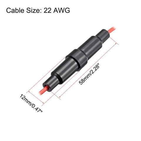 Top Shelf Premium Inline Screw Fuse Holder For 22 Awg Wiring 6X30 mm Glass Tubes Hardcore Circuit Protection Straight Up Durable Design Rig Repair Pack Of Five shown with dimensions and cable size.