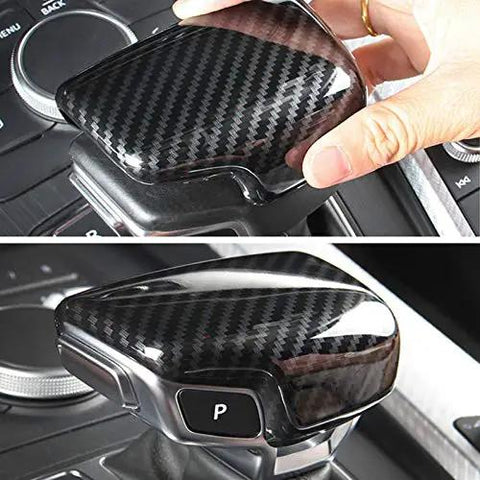Sport Style Carbon Fiber Print Gear Shift Knob Cover Trim For Audi A4 B9 A5 Q5 Q7 S4 S5 SQ5 2017 2018 2019 2020 2021 2022 2023 2024 2025 Durable Carbon Fiber Look Easy Install Interior Upgrade For A Modern Turbo Cabin shown installed over gear shift