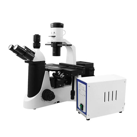 100X-400X Inverted Fluorescence Microscope With Trinocular Head And Dual Illumination Pro-Grade Lab Microscope For Biological Imaging And Cellular Work HM FM03030303, side view with control unit