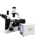 100X-400X Inverted Fluorescence Microscope With Trinocular Head And Dual Illumination Pro-Grade Lab Microscope For Biological Imaging And Cellular Work HM FM03030303, front view with control unit